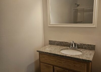 Newly renovated bathroom featuring a granite countertop vanity with a circular sink and a large wall mirror, highlighting modern updates in a duplex rental in Midtown Little Rock.