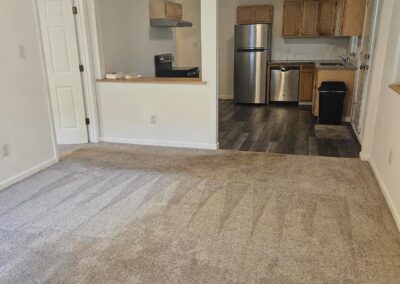 Newly renovated duplex interior showcasing a spacious living area with carpet flooring, leading to a modern kitchen featuring stainless steel appliances and wooden cabinetry, emphasizing a cozy and updated living space in Midtown Little Rock.