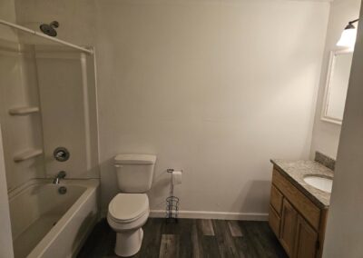 Renovated bathroom featuring a bathtub, toilet, and modern vanity with granite countertop in a newly updated duplex in Midtown Little Rock.