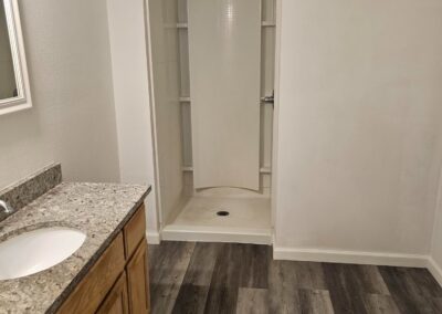 Newly renovated bathroom featuring a modern shower, granite countertop, and stylish flooring in a duplex rental property in Midtown Little Rock.